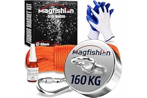 MAGFISHION Calamita Potente - Set di Magnete da Pesca - Forza di Trazione 160KG - Ø60mm - Magneti al Neodimio - Calamite Potenti con Corda (20M) & Guanti - Magnet Fishing