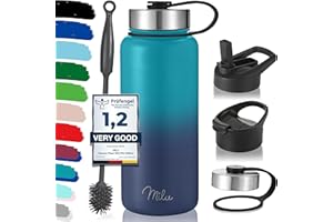 Milu Borraccia Termica Acciaio Inox – 500ml, 750ml, 1000ml (+3 coperchi) - Bottiglia Acqua Termos Senza BPA, Isolato Sottovuoto, A Prova di Perdite Anche per Acido Carbonico (Blu Verde, 1l)