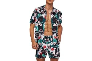 Wirltte Men's Hawaiian Shirt and Shorts Set Tropical Floral Beach Shirt Set Casual Aloha Hawaiian Short Sleeve Suits Summer Party Button Down Flower Shirt 2 Piece Outfits