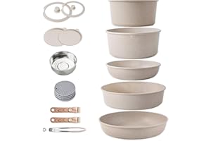 RIOVARM Induction Batterie de cuisine avec Poignées Détachables, Empilables Antiadhésive Granit Sets de poêles et casseroles avec Couvercles, Peu encombrant Poêle à frire Sans PFOA