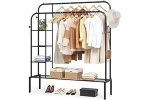 JOISCOPE Metal Clothes Rail, 49.6 * 62.2 Inch Clothes Rack for Bedroom with 2 Hanging Rails to Hang Clothes, 4 Clothes Hooks, 3 Side Shelves and Bottom Shelve for Shoes and Clothes Storage, Black