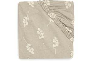 ‎JOLLEIN Jollein Spannbettlaken Jersey - Twig, Olive Green - 70x140cm - 100% Baumwolle - Spannbetttuch - Beige mit olivgrünen Zweigen