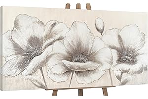 YS-Art Pittura acrilica su tela dipinta a mano Fiori II beige Arte murale arte astratta moderna Immagini Grandi fiori beige 120x60 cm