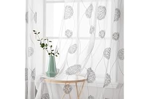 ‎MIULEE MIULEE Vorhänge mit Florales Stickerei, Gardinen Weiß mit Grau Muste für Wohnzimmer, Schlafzimmer Vorhang Transparent mit Ösen, 2er Set Voile Blumen Durchsichtig Vorhänge, Jeder H 225 X B 140cm