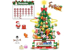 HOGOKIDS Calendrier de l'Avent 2024 Mini-arbre de Noël rotatif avec lumière LED, compte à rebours de Noël de 24 jours, blocs de construction, cadeau de Noël pour adultes et enfants de 8 ans et plus