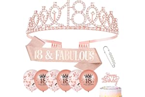 Popuppe 18th Birthday Sash and Tiara Rose Gold 18 & Fabulous Sash Rhinestone Crown Balloons Birthday Cake Topper for Girls Birthday Gift Party Decorations Supplies (Rose Gold)
