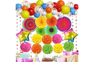 RECOSIS Premium Mehrfarbige Partydeko - Papier Fächer, Pompons, Luftballon, Regenbogen Deko, Geburtstag Dekoration, Happy Birthday, Fiesta Mexikanische Party
