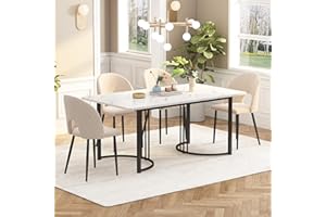 Merax Mesa de comedor de 140 x 80 cm, patrón de mármol, estabilidad y diseño para 4-6 personas, marco de metal, patas ajustables, mesa rectangular, adecuada para restaurante, salón, cocina,