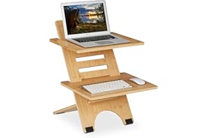 Relaxdays Desktop, Keyboard Shelf, Stand-Sit Table, Adjustable Height, Wooden, 2 Shelves, Attachment, Bamboo, Natural
