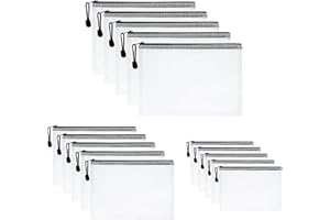 Vicloon Plastic Wallets, 15Pcs A4 A5 A6 Zip Lock Bags, Mesh Document Wallet Document Folders Plastic Pockets Zipper File Wallet for School Office Homework Travel Storage Bags (Black Zipper)