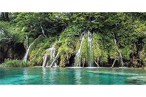 MIRRORANG 91x41cm Fondo de terrario de Cascada, Fondo de Acuario de Selva Tropical, Lago Azul, árbol Verde, Reptil, hábitat, Vinilo de Fondo
