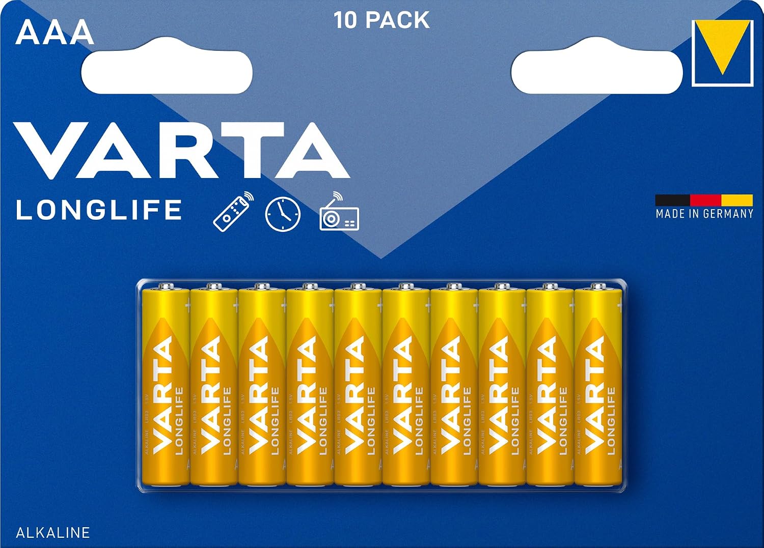 Varta Pila Longlife Power AAA Micro LR03 (paquete de 10 unidades), pila alcalina - «Made in Germany» - Adecuado para juguetes, linternas, mandos y otros aparatos que funcionan con pilas