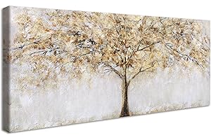 HALFLEMART Wooden Framed Large Canvas Wall Art Shining Tree of Life Painting on Canvas Prints Morden Wall Artwork Beige Gold Abstract Landscape Pictures for Living Room Bedroom Home Office Decoration 50x120cm