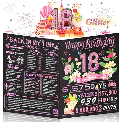 Awrmoo 18th Birthday Cards for Girl Her, 3D Pop Up 18th Birthday Card Gifts for Daughter, Back In 2008 Rose Gold 18 Year Old Birthday Decorations Ideas for Granddaughter Niece Friends Sister Bestie