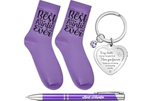 Tenare Auntie Uncle Socks Christmas Birthday Gifts Set Aunt Card Keyring Thank You Pen from Niece Nephew Keychain with Greeting Card Xmas Birthday Presents(Purple,Auntie)
