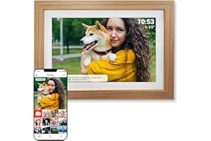 Denver PFF-1543LW - Cadre Photo numérique Wi-FI - Écran Tactile IPS Full HD de 15,6 Pouces - Logiciel FRAMEO intégré - Partage sans Fil - Fonction minuterie - Cadre en Bois Clair
