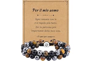 VGWON Bracciale per Uomo, Protezione Tripla 8mm Ossidiana Ematite Occhio di Tigre Bracciale di Perle di Pietra Naturale, Regalo Natale Compleanno per Uomo Figlio Fratello Porta Fortuna Prospérité
