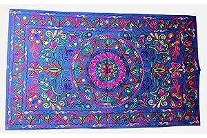 Original Kikan Arazzo indiano rettangolare con motivo floreale Suzani, da appendere alla parete, in cotone ricamato, etnico boho (blu navy)