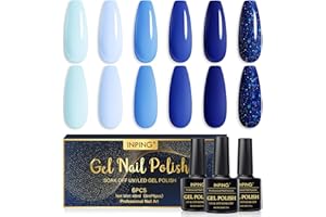 INPING Vernis Semi Permanent Bleu,6 Couleurs Série Bleu Océan Vernis Gel UV Semi Permanent,Bleu Clair Bleu Foncé Bleu Pailleté,Soak Off UV/LED Vernis à Ongles Pour Femmes DIY Nail Art,8ML