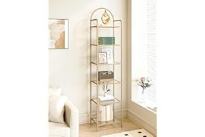 Hzuaneri Regał Na Książki, Półki Na Książki Ze Szkła Hartowanego, Wąski Regał Do Sypialni, Łazienki, Domowego Biura, Stalowa Rama, 6 Poziomy, Złoty BC10601G