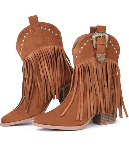 Cowboystiefel Damen – Suede Ankle Boots Mit Fransen, Western Stil, Bequemer Blockabsatz (Wildleder)