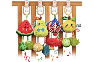TUMAMA Baby Hanging Rattle Toys 4 Pack Fruit Soft Sensory Set for Car Seat Stroller Mobile 0 3 6 9 12+ Months