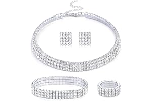 Kakonia Ensemble de bijoux en cristal avec strass Collier ras du cou avec strass Boucles d'oreilles avec strass Bracelet extensible avec strass Bague extensible Bijoux de fête