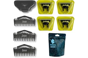 POWAKKA Kit de 4 Cuchillas + 3 Peines Guía Compatibles + 1 funda compatible con OneBlade – Recambios de Afeitadora para Barba y Cuerpo – Corte Preciso, Suave y sin Irritación – Fácil de Instalar y Limpiar