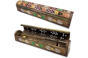 SNADI Palnik Kadzidło (kadzielnica) ręcznie zdobione drewniane pudełko w Indiach - ekskluzywne kolory i słoni 30,5 x 6,2 x 5,5 - Waga 240 g Drewniany uchwyt na kadzidło