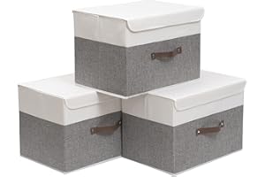 OUTBROS 3 Stück Aufbewahrungsboxen mit Deckel, 45 x 30 x 30 cm, faltbare Stoffboxen, Aufbewahrungskörbe, Organizer für Kleidung, Bücher, grau/weiß ST02WGL3