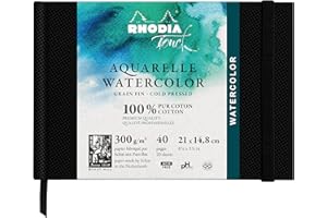 RHODIA TOUCH 116137C - Carnet aquarelle 100 % coton - grain fin - 300 g/m² - A5 paysage - 40 pages non microperforées - Brochure rigide Watercolor Book