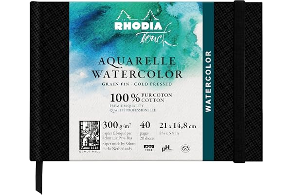 RHODIA TOUCH 116137C - Carnet aquarelle 100 % coton - grain fin - 300 g/m² - A5 paysage - 40 pages non microperforées - Brochure rigide Watercolor Book
