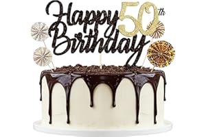LOLLANDA Tortendeko Schwarzes Gold 50th, Happy Birthday Cake Topper, Papierfächer Cupcake, 50. Kuchendeko Tortenstecker für Geburtstag Deko Männer Frauen