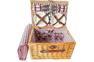 SEDOL Picnic Basket for 4 - Willow Picnic Hamper Basket with Handle, Waterproof Blanket, & Utensils - Wicker Basket Picnic Set for 4 People - Complete Picnic Accessories for Camping and Outdoor Party