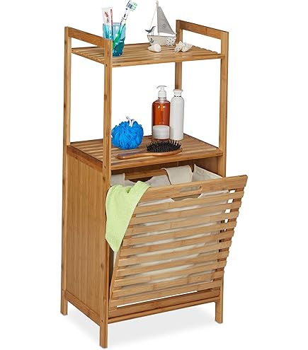Mobiletto Portabiancheria In Bambù COSTWAY - Cesto 68L Ribaltabile Con Ripiano - 50x35x64cm