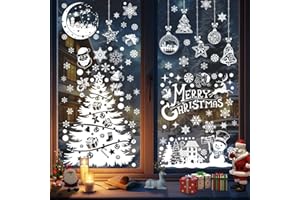 VAKKI Adesivi natalizi per finestre, 10 fogli riutilizzabili per finestre, doppio fiocco di neve e Babbo Natale, adesivi statici bianchi per decorazioni natalizie (220 pezzi)