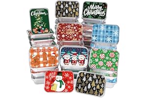 JOLCEEY 36pcs Christmas Aluminum Foil Trays, 9 Styles Xmas Disposable Food Containers with Lids Meal Prep Storage Tray Tin Pans for Cooking Baking Roasting Winter Holiday Party Supplies (Style B)