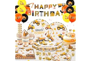JONVELL Stoviglie per Festa di Compleanno di Costruzione 16 Ospiti Forniture per Festa di Costruzione Stoviglie Compleanno Piatti Carta Tazze Tovaglioli Tovaglia Costruzione Decorazioni per Compleanno