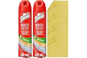 Mr Sheen Multi Surface Bundle – 2 x Furniture Polish Spray 250ml + 4 x Oesmo Microfibre Cloths – Wood Spray for Dusting & Cleaning – Multi Surface Polish Kit