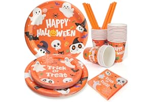 PARTY GO 125PCS Halloween Party Tableware, Orange Paper Plates and Napkins Cups Straws, Party Tablewares Disposable Supplies Pack for Halloween Decorations Serves 25 Guests