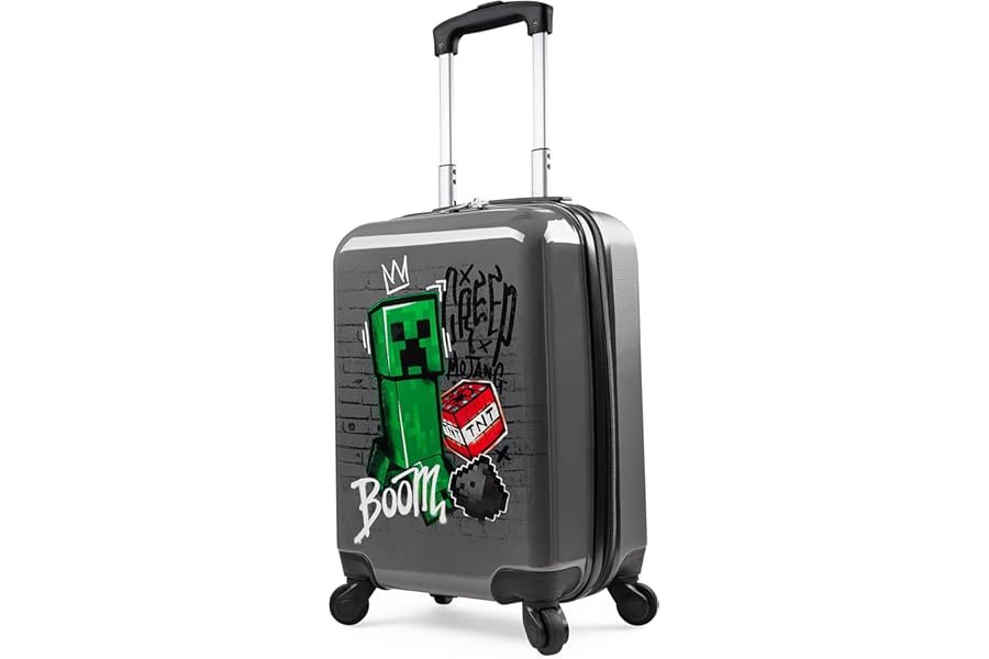 Minecraft Suitcase Kids Teens Creeper Hard Shell Luggage Travel Case 4 Wheels Handle Travel Essentials Holiday School Trips (Grey, S/L49cm x W33cm - 30L)