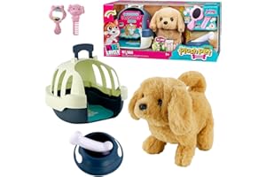 The Magic Toy Shop Electronic Walking Dog Toy Pet with Carrier & Accessories, 6 Pcs - Barking, Tail Wagging, Fluffy Plush - Includes Bowl, Bone, Mirror, Comb - Interactive Role Play Gift for Kids