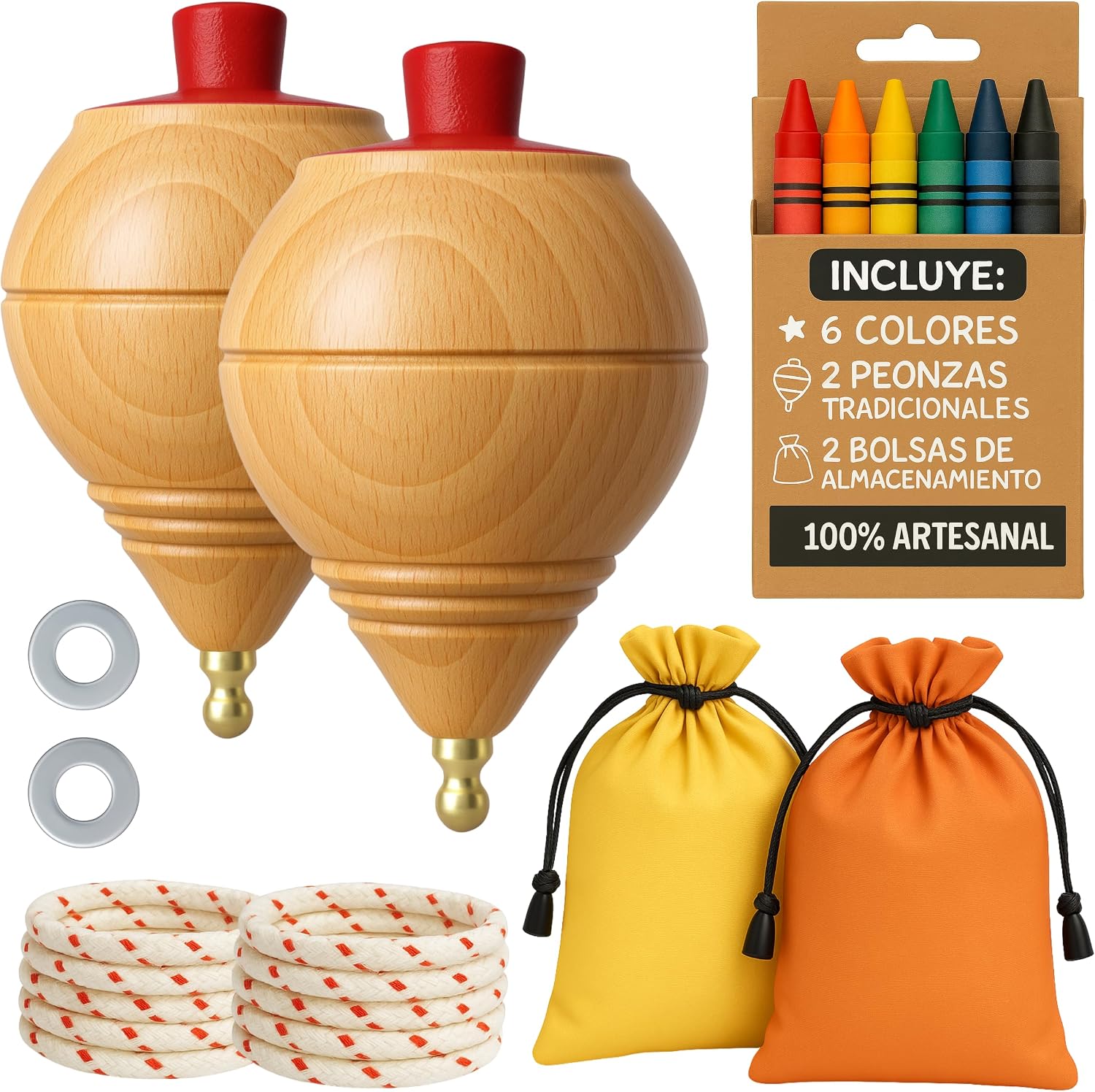 AF® - Peonza Madera, Set 2 Peonzas Niños + 6 Ceras de Colores para Niños + 2 bolsas transporte y 2 arandelas para la cuerda | Personaliza tu Trompo de Madera Tradicional