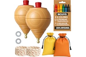 ALEJANDRO FUENTES AF® - Peonza Madera, Set 2 Peonzas Niños + 6 Ceras de Colores para Niños + 2 bolsas transporte y 2 arandelas para la cuerda | Personaliza tu Trompo de Madera Tradicional