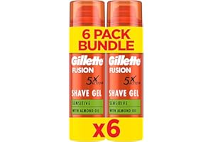 Gillette Fusion Shave Gel for Men with Almond Oil, For Sensitive Skin, 5X Action: Cleanses, Hydrates, Protects, Refreshes, and Soothes, 6x200ml