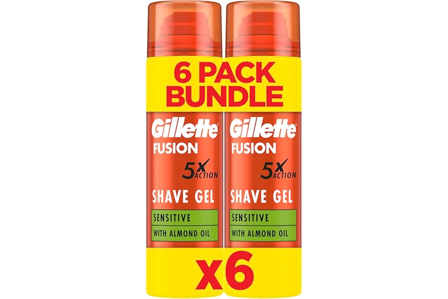 Gillette Fusion Shave Gel for Men with Almond Oil, for Sensitive Skin, 5X Action: Cleanses, Hydrates, Protects, Refreshes, and Soothes, 6x200ml