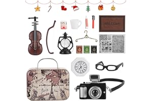 FENGQ Wichtel Zubehör Weihnachten Set, 16 Stück Miniatur Puppenhaus Zubehör, 1/12 Weihnachtswichtel Wichteltür Zubehör Vintage Koffer Kamera Zahnbürste Bücher Brille Zeitung Violine DIY Deko