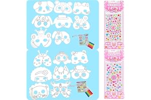 WANDERGO Set di 44 maschere a forma di animale per bambini, per fai da te, maschere per bambini di Halloween, tra cui 16 maschere colorate in cartoncino bianco con 16 corde e 12 penne colorate, 2 adesivi per
