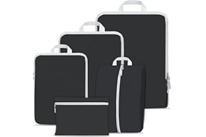 KIAMXNE Compression Packing Cubes for Suitcases,Suitcase Organiser Bags,Travel Packing Cubes Compression Set for Backpack,Packing Organisers,Waterproof Travel Organiser Packing Bags (Black, 5 Pack)