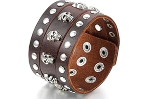 Flongo Skórzana bransoletka męska, bransoletka skórzana, czarna, brązowa, srebrna, nity, czaszka, regulowana, dla motocyklistów, dla mężczyzn e stop, colore: brązowy, cod. F039086